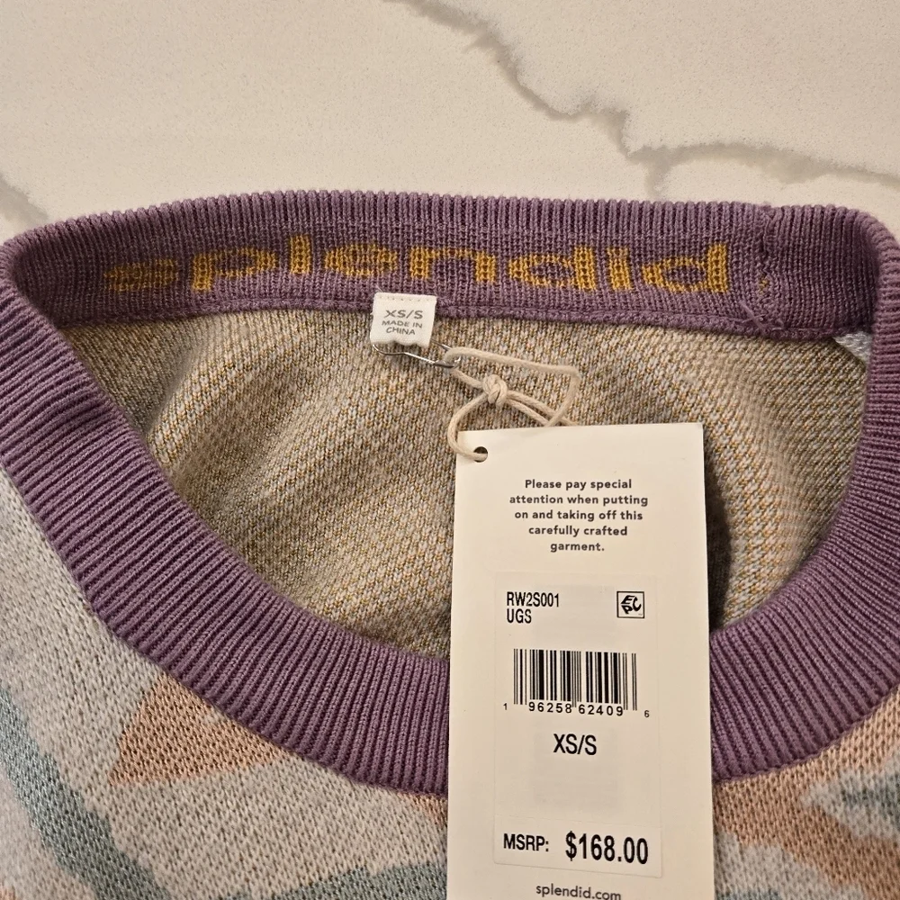 NWT Splendid Ziggy Star Oversized Crewneck Sweater White Blue Yellow Size Small
